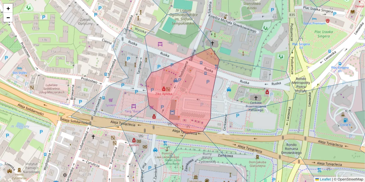 Szczegółowa mapa kodu pocztowego 20-120 z granicami, sąsiednimi kodami pocztowymi i urzędami pocztowymi