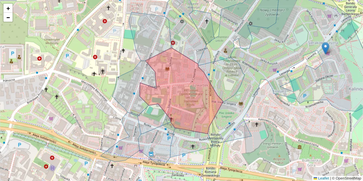 Szczegółowa mapa kodu pocztowego 20-124 z granicami, sąsiednimi kodami pocztowymi i urzędami pocztowymi