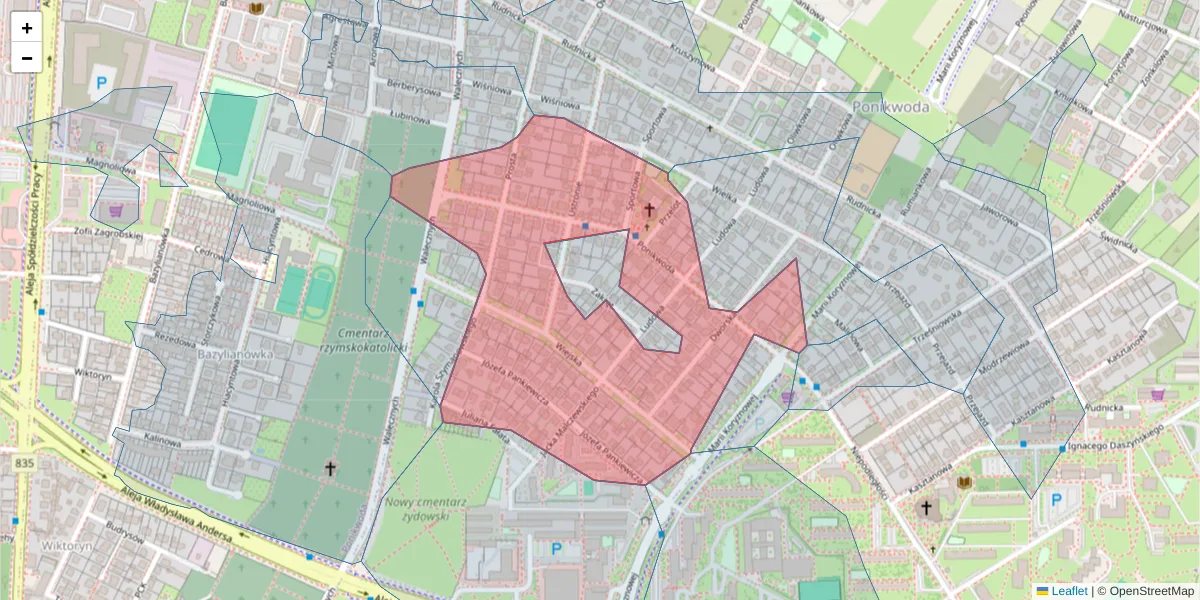 Szczegółowa mapa kodu pocztowego 20-135 z granicami, sąsiednimi kodami pocztowymi i urzędami pocztowymi