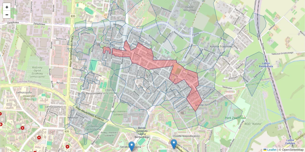 Szczegółowa mapa kodu pocztowego 20-140 z granicami, sąsiednimi kodami pocztowymi i urzędami pocztowymi