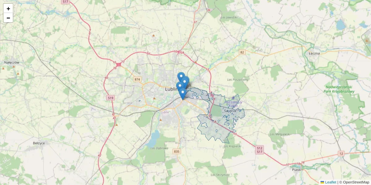 Szczegółowa mapa kodu pocztowego 20-213 z granicami, sąsiednimi kodami pocztowymi i urzędami pocztowymi