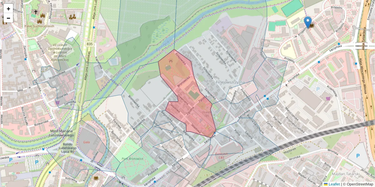 Szczegółowa mapa kodu pocztowego 20-305 z granicami, sąsiednimi kodami pocztowymi i urzędami pocztowymi