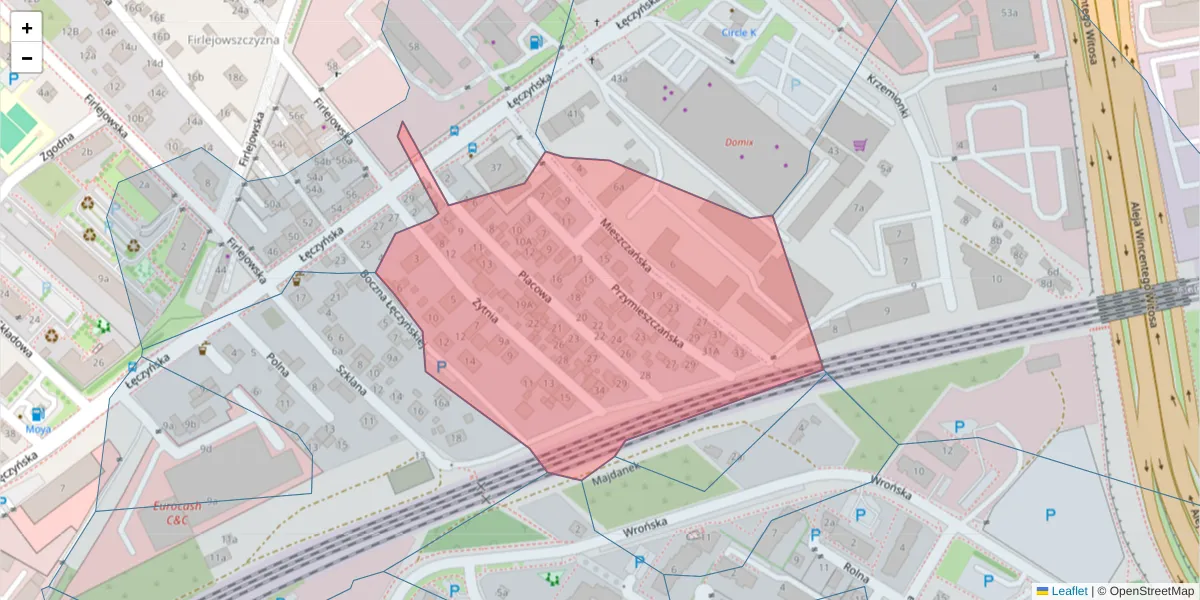 Szczegółowa mapa kodu pocztowego 20-311 z granicami, sąsiednimi kodami pocztowymi i urzędami pocztowymi