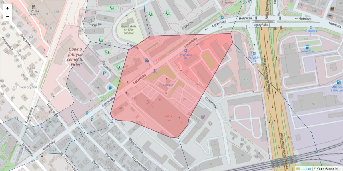 Szczegółowa mapa kodu pocztowego 20-313 z granicami, sąsiednimi kodami pocztowymi i urzędami pocztowymi