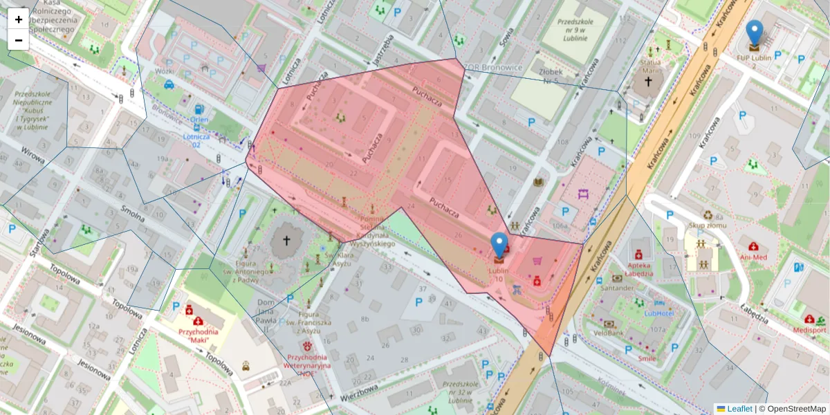 Szczegółowa mapa kodu pocztowego 20-319 z granicami, sąsiednimi kodami pocztowymi i urzędami pocztowymi