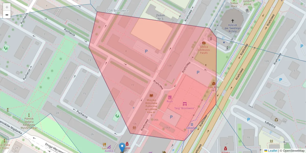 Szczegółowa mapa kodu pocztowego 20-320 z granicami, sąsiednimi kodami pocztowymi i urzędami pocztowymi