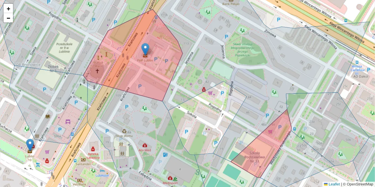 Szczegółowa mapa kodu pocztowego 20-333 z granicami, sąsiednimi kodami pocztowymi i urzędami pocztowymi