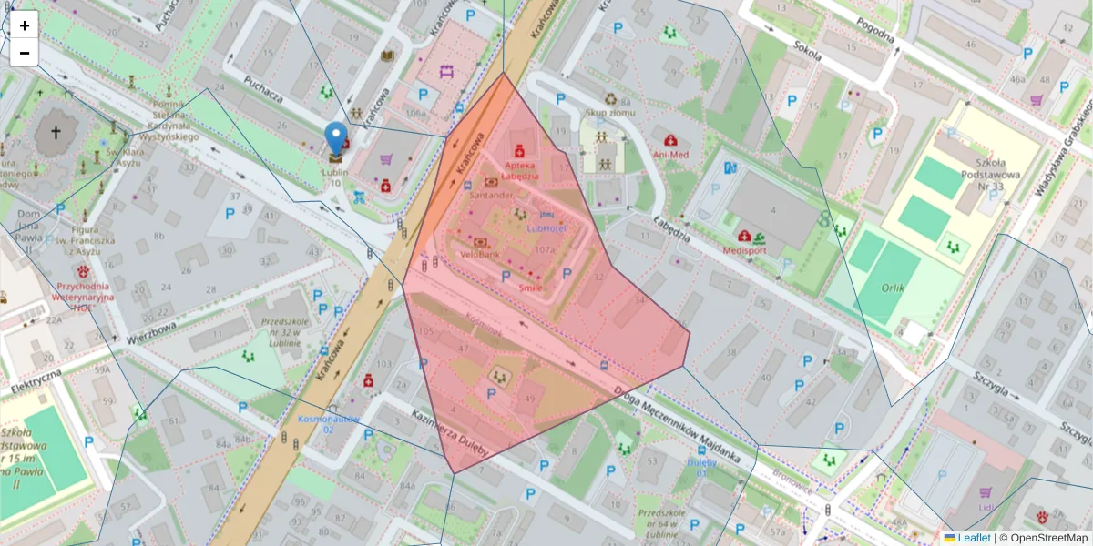 Szczegółowa mapa kodu pocztowego 20-338 z granicami, sąsiednimi kodami pocztowymi i urzędami pocztowymi