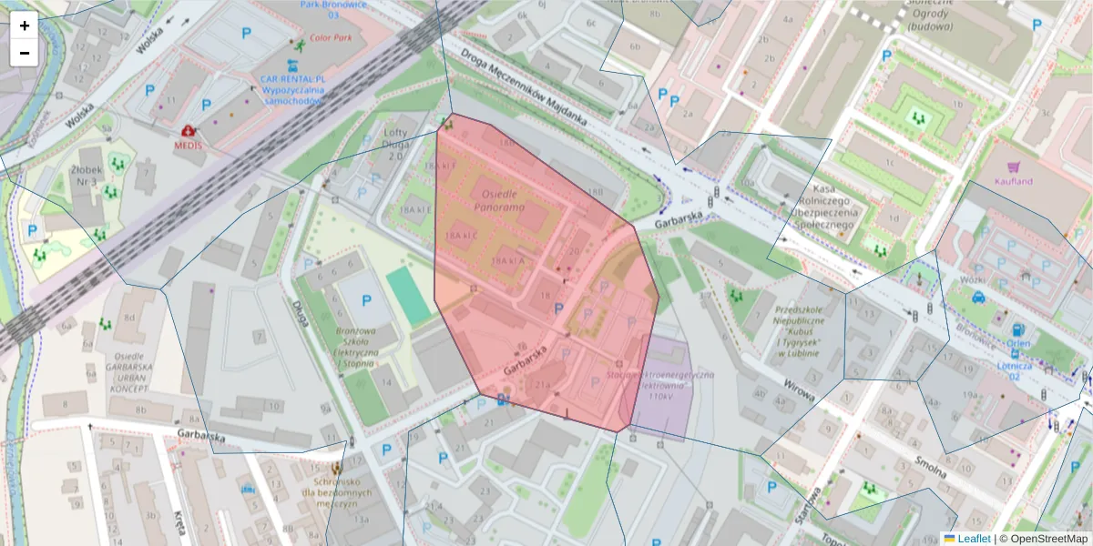 Szczegółowa mapa kodu pocztowego 20-340 z granicami, sąsiednimi kodami pocztowymi i urzędami pocztowymi