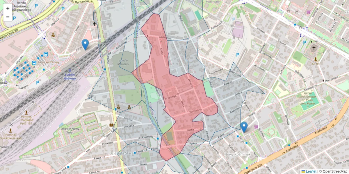 Szczegółowa mapa kodu pocztowego 20-341 z granicami, sąsiednimi kodami pocztowymi i urzędami pocztowymi