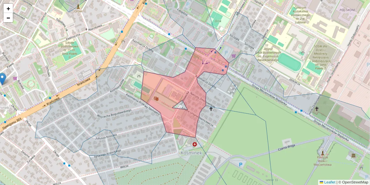 Szczegółowa mapa kodu pocztowego 20-360 z granicami, sąsiednimi kodami pocztowymi i urzędami pocztowymi