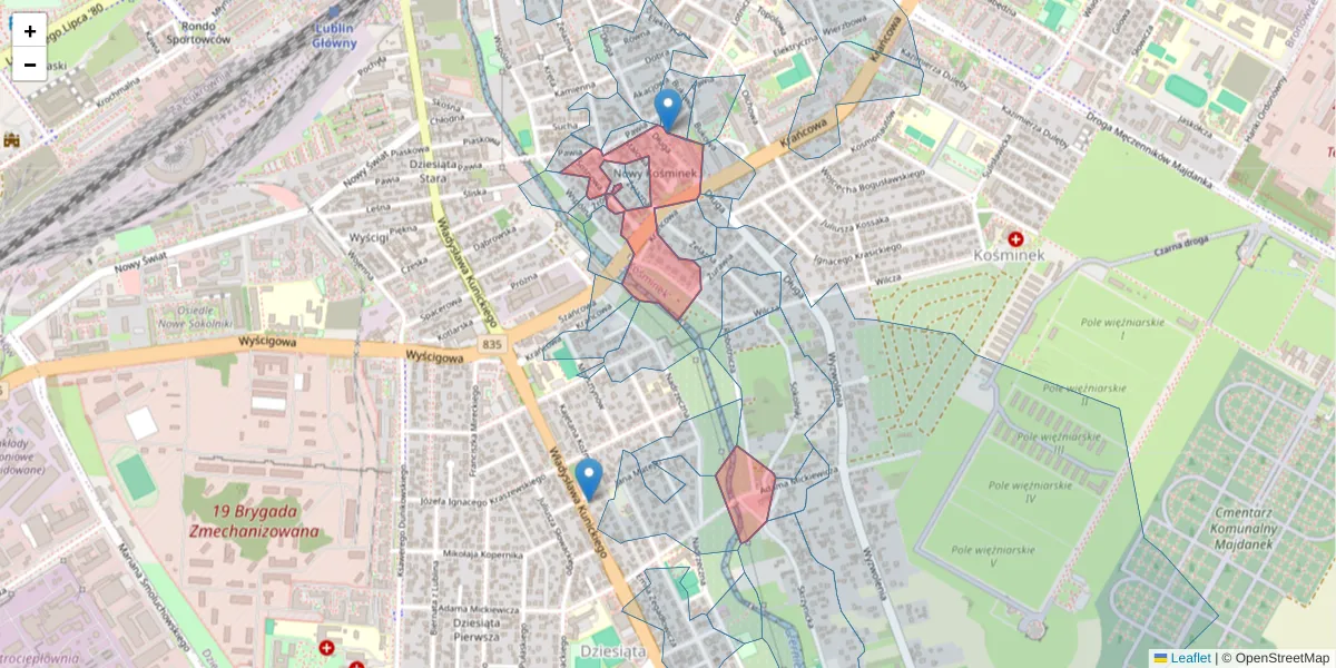Szczegółowa mapa kodu pocztowego 20-366 z granicami, sąsiednimi kodami pocztowymi i urzędami pocztowymi