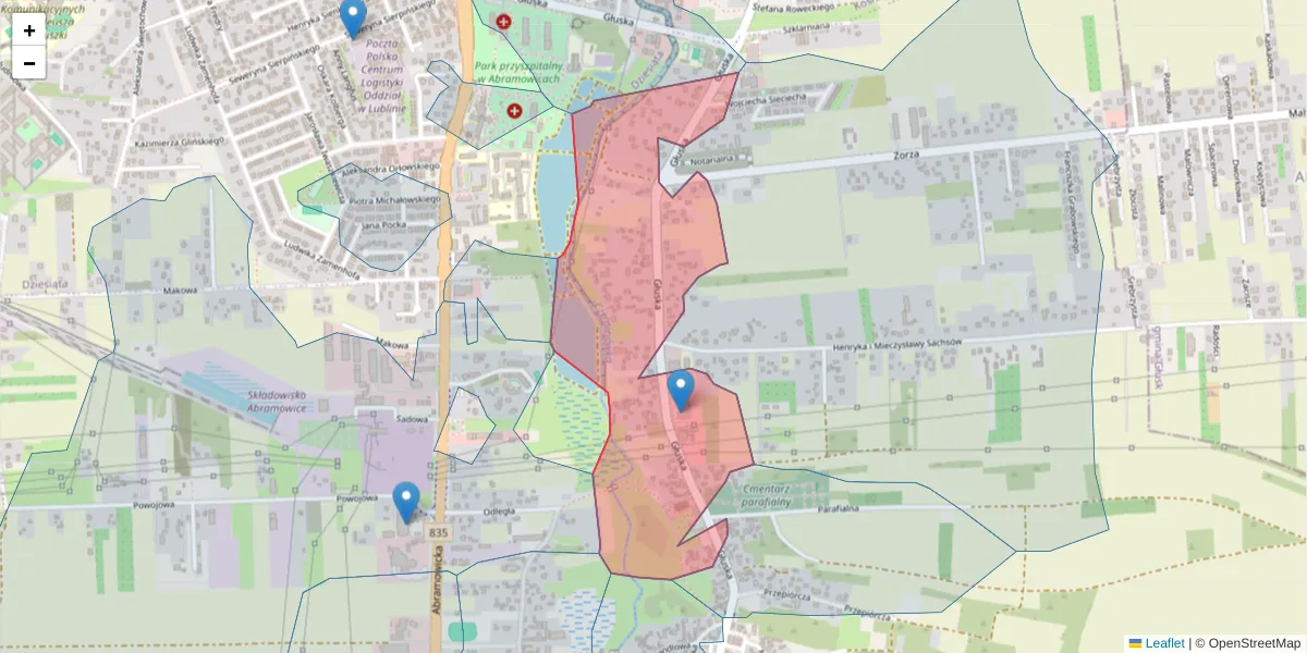Szczegółowa mapa kodu pocztowego 20-380 z granicami, sąsiednimi kodami pocztowymi i urzędami pocztowymi
