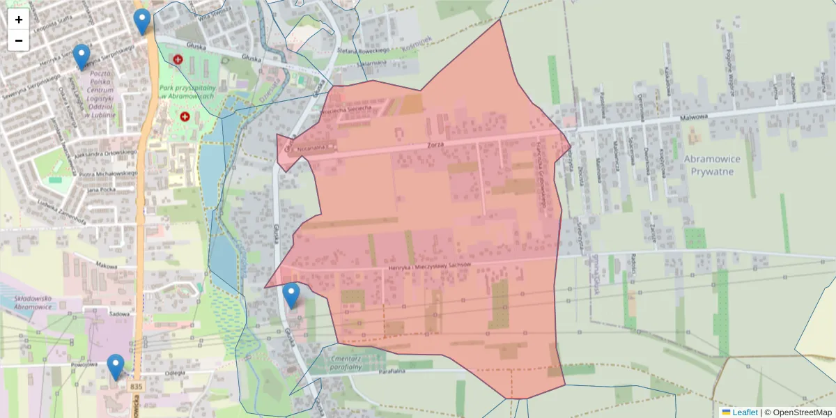 Szczegółowa mapa kodu pocztowego 20-381 z granicami, sąsiednimi kodami pocztowymi i urzędami pocztowymi