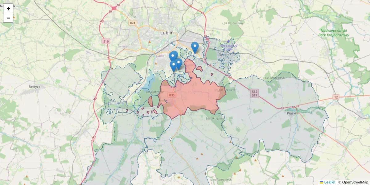Szczegółowa mapa kodu pocztowego 20-388 z granicami, sąsiednimi kodami pocztowymi i urzędami pocztowymi