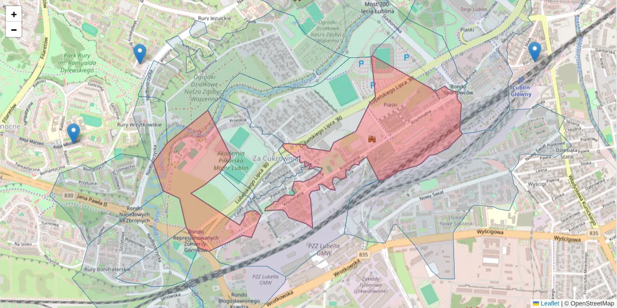 Szczegółowa mapa kodu pocztowego 20-401 z granicami, sąsiednimi kodami pocztowymi i urzędami pocztowymi