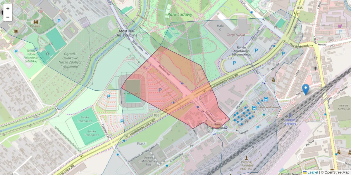 Szczegółowa mapa kodu pocztowego 20-405 z granicami, sąsiednimi kodami pocztowymi i urzędami pocztowymi