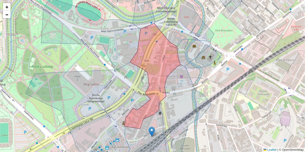 Szczegółowa mapa kodu pocztowego 20-410 z granicami, sąsiednimi kodami pocztowymi i urzędami pocztowymi