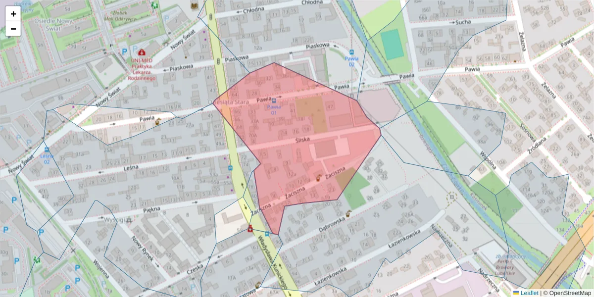 Szczegółowa mapa kodu pocztowego 20-415 z granicami, sąsiednimi kodami pocztowymi i urzędami pocztowymi