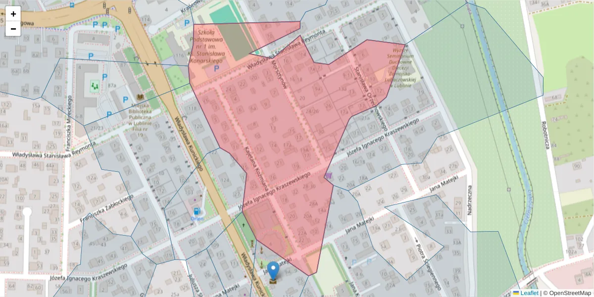 Szczegółowa mapa kodu pocztowego 20-429 z granicami, sąsiednimi kodami pocztowymi i urzędami pocztowymi