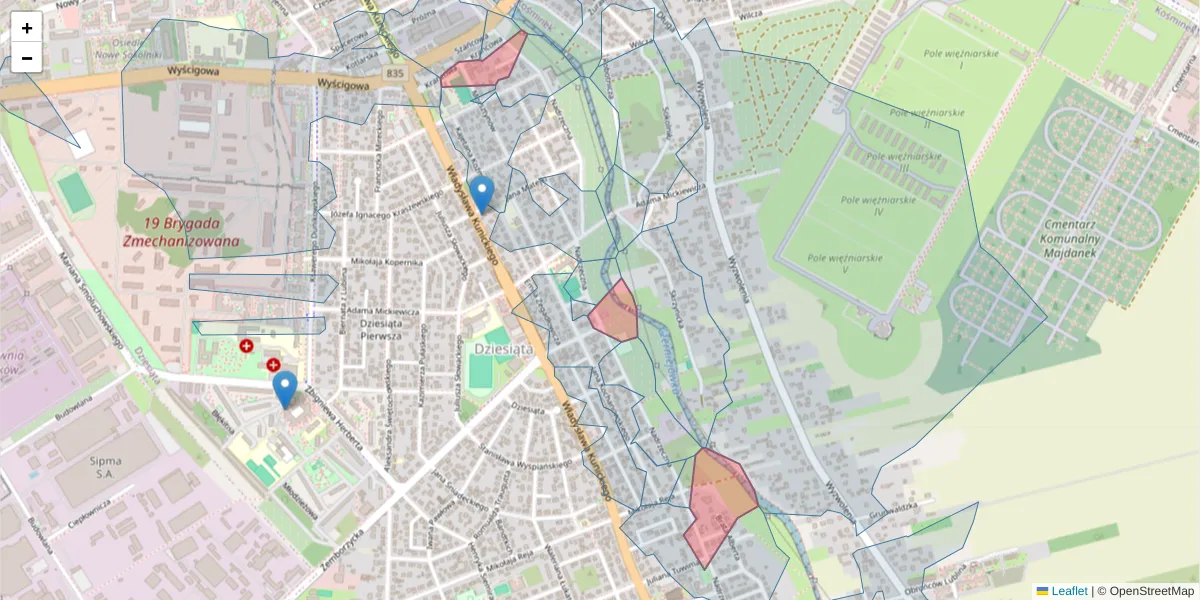 Szczegółowa mapa kodu pocztowego 20-443 z granicami, sąsiednimi kodami pocztowymi i urzędami pocztowymi