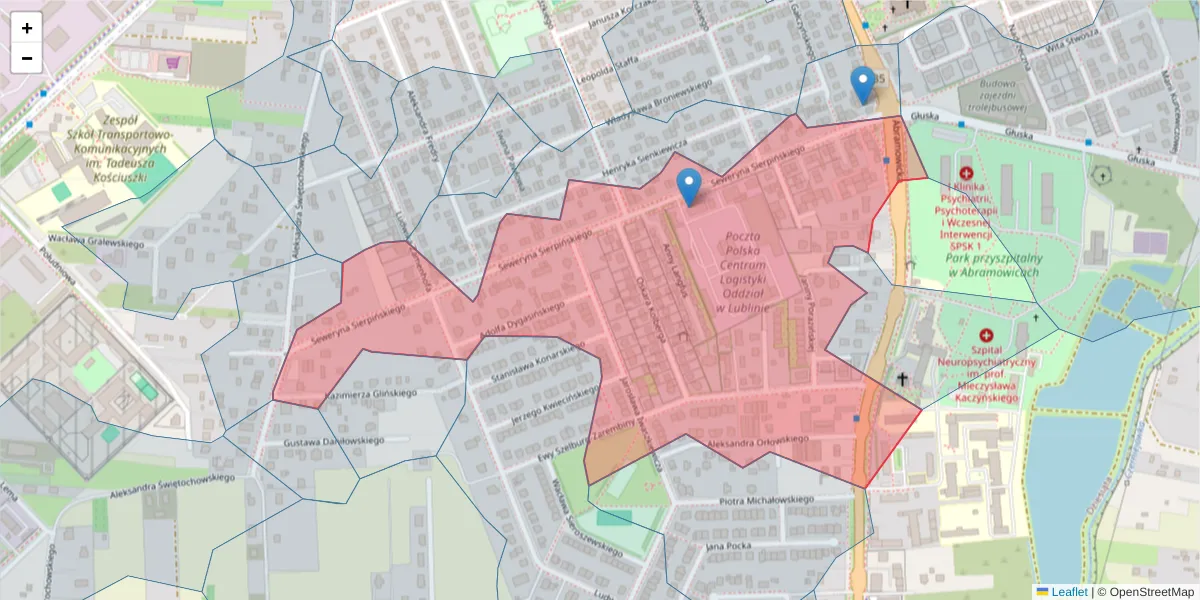 Szczegółowa mapa kodu pocztowego 20-448 z granicami, sąsiednimi kodami pocztowymi i urzędami pocztowymi