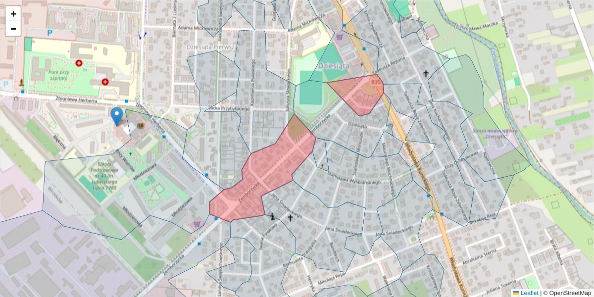 Szczegółowa mapa kodu pocztowego 20-450 z granicami, sąsiednimi kodami pocztowymi i urzędami pocztowymi