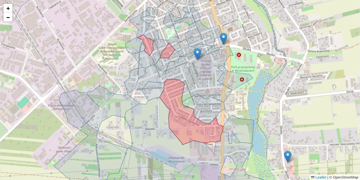 Szczegółowa mapa kodu pocztowego 20-453 z granicami, sąsiednimi kodami pocztowymi i urzędami pocztowymi
