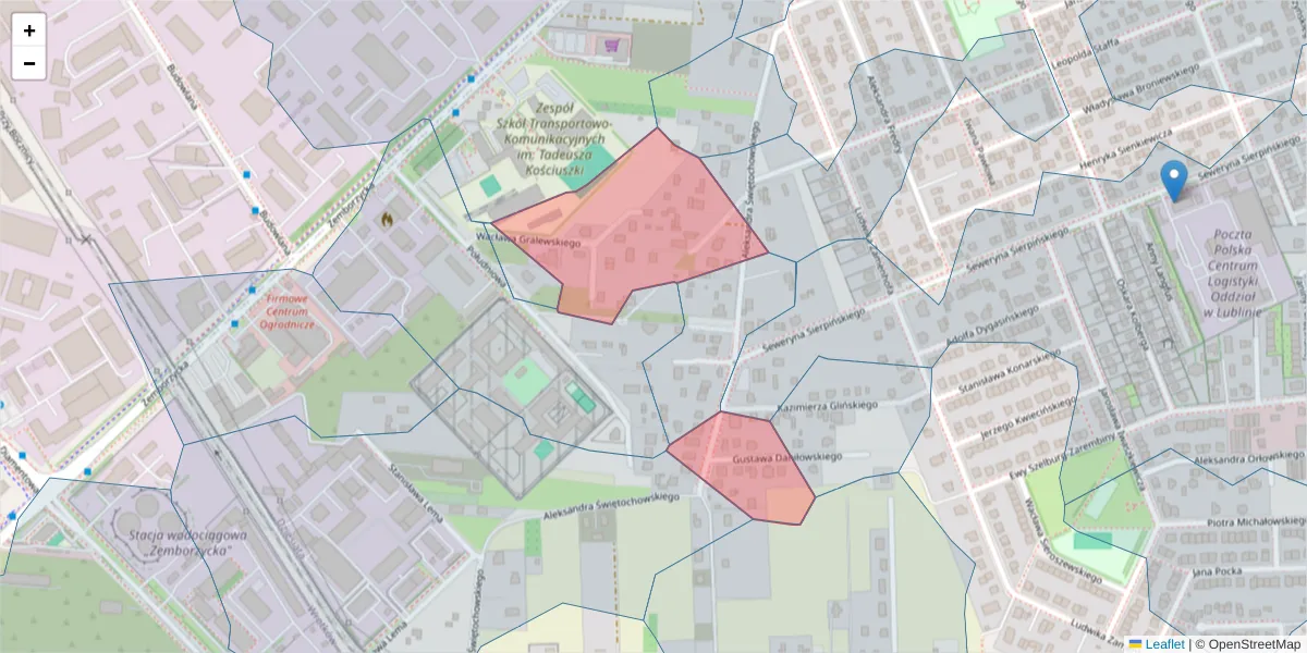 Szczegółowa mapa kodu pocztowego 20-457 z granicami, sąsiednimi kodami pocztowymi i urzędami pocztowymi