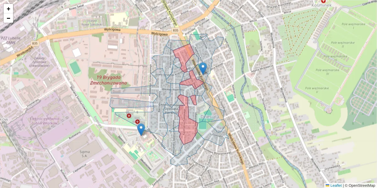 Szczegółowa mapa kodu pocztowego 20-461 z granicami, sąsiednimi kodami pocztowymi i urzędami pocztowymi