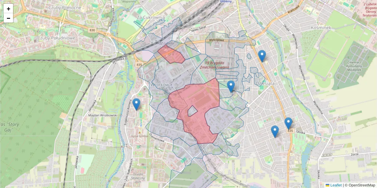 Szczegółowa mapa kodu pocztowego 20-469 z granicami, sąsiednimi kodami pocztowymi i urzędami pocztowymi