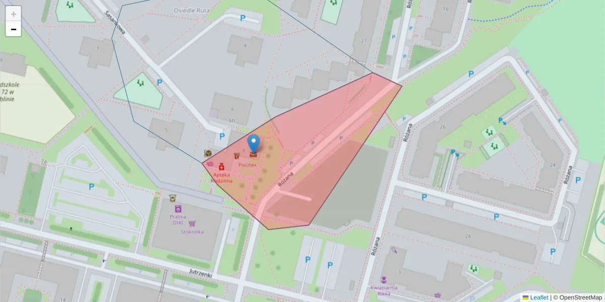 Szczegółowa mapa kodu pocztowego 20-500 z granicami, sąsiednimi kodami pocztowymi i urzędami pocztowymi