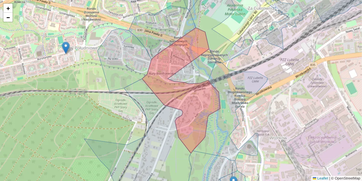 Szczegółowa mapa kodu pocztowego 20-508 z granicami, sąsiednimi kodami pocztowymi i urzędami pocztowymi