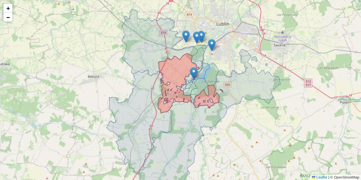 Szczegółowa mapa kodu pocztowego 20-515 z granicami, sąsiednimi kodami pocztowymi i urzędami pocztowymi