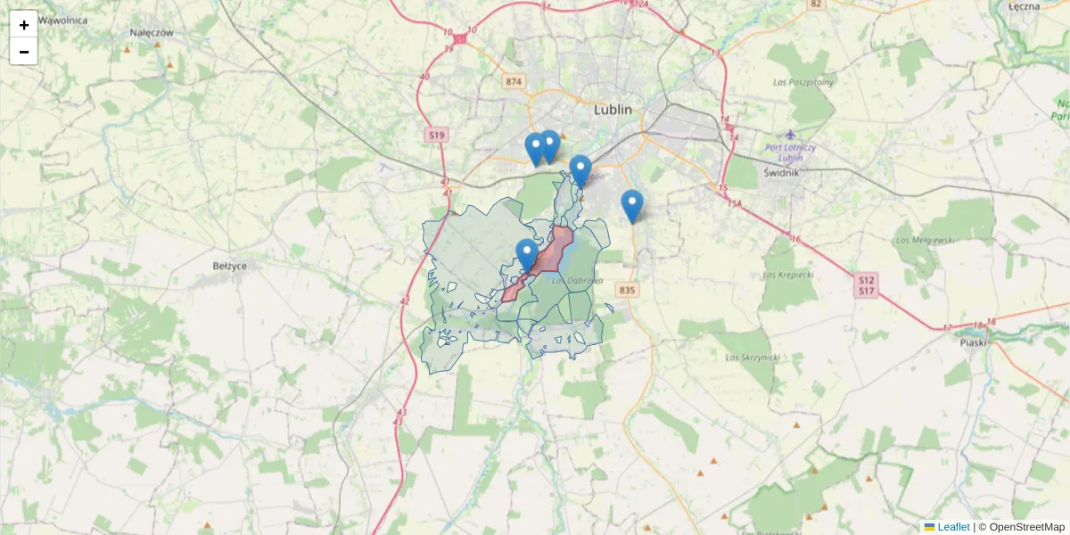 Szczegółowa mapa kodu pocztowego 20-518 z granicami, sąsiednimi kodami pocztowymi i urzędami pocztowymi
