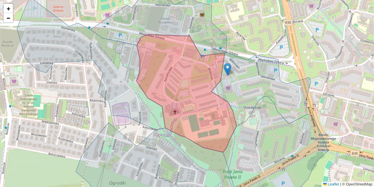 Szczegółowa mapa kodu pocztowego 20-543 z granicami, sąsiednimi kodami pocztowymi i urzędami pocztowymi