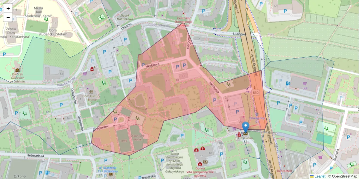 Szczegółowa mapa kodu pocztowego 20-551 z granicami, sąsiednimi kodami pocztowymi i urzędami pocztowymi
