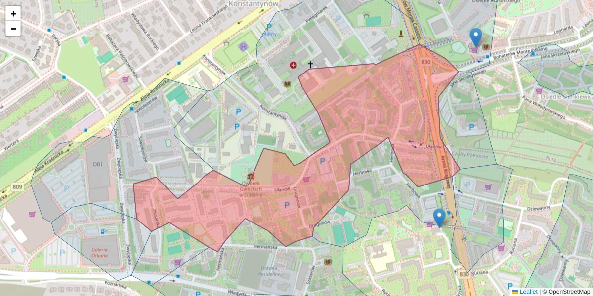 Szczegółowa mapa kodu pocztowego 20-554 z granicami, sąsiednimi kodami pocztowymi i urzędami pocztowymi