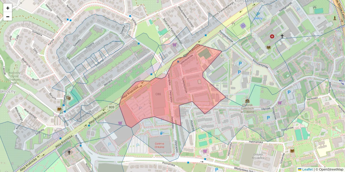 Szczegółowa mapa kodu pocztowego 20-555 z granicami, sąsiednimi kodami pocztowymi i urzędami pocztowymi
