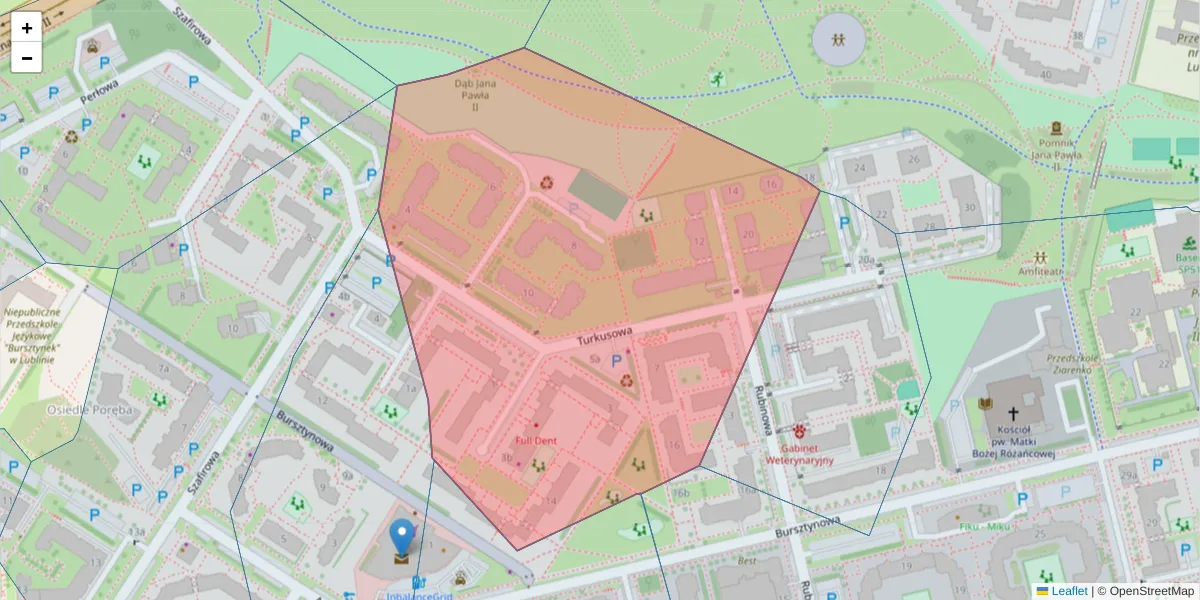 Szczegółowa mapa kodu pocztowego 20-572 z granicami, sąsiednimi kodami pocztowymi i urzędami pocztowymi