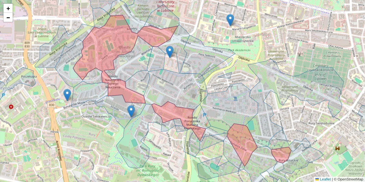 Szczegółowa mapa kodu pocztowego 20-601 z granicami, sąsiednimi kodami pocztowymi i urzędami pocztowymi