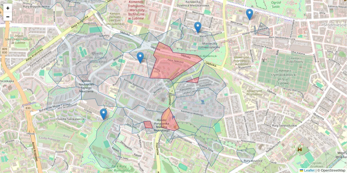 Szczegółowa mapa kodu pocztowego 20-609 z granicami, sąsiednimi kodami pocztowymi i urzędami pocztowymi
