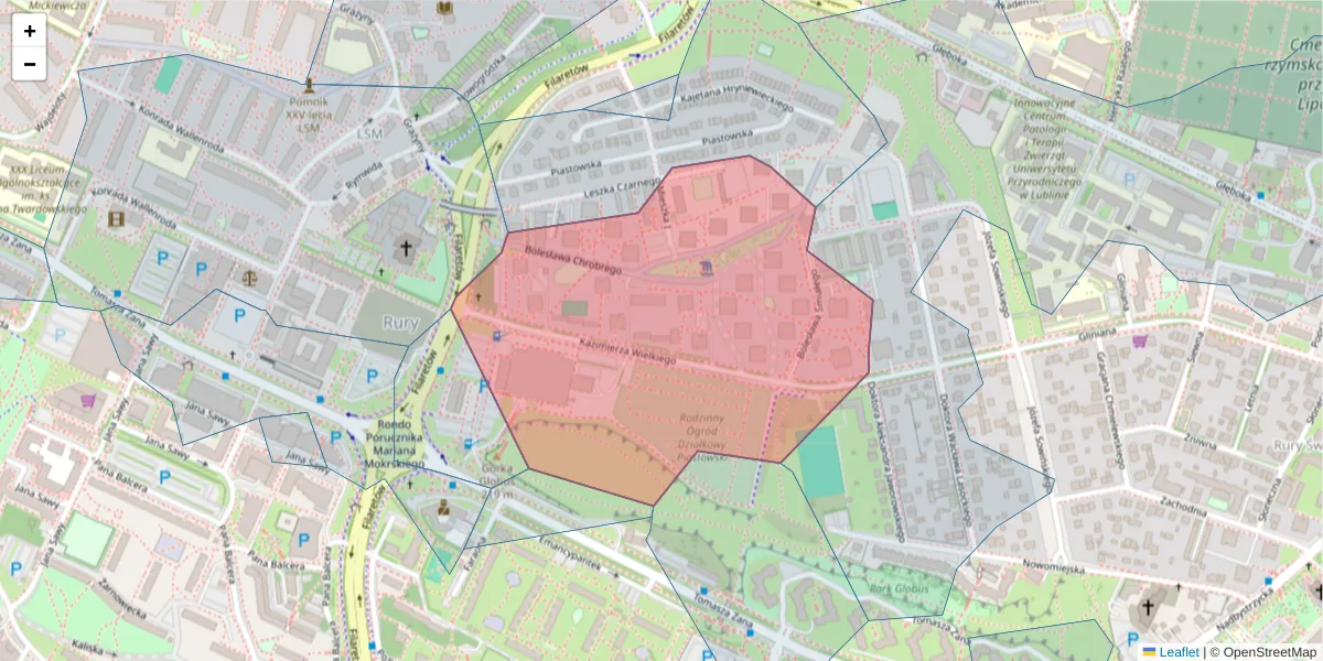 Szczegółowa mapa kodu pocztowego 20-611 z granicami, sąsiednimi kodami pocztowymi i urzędami pocztowymi