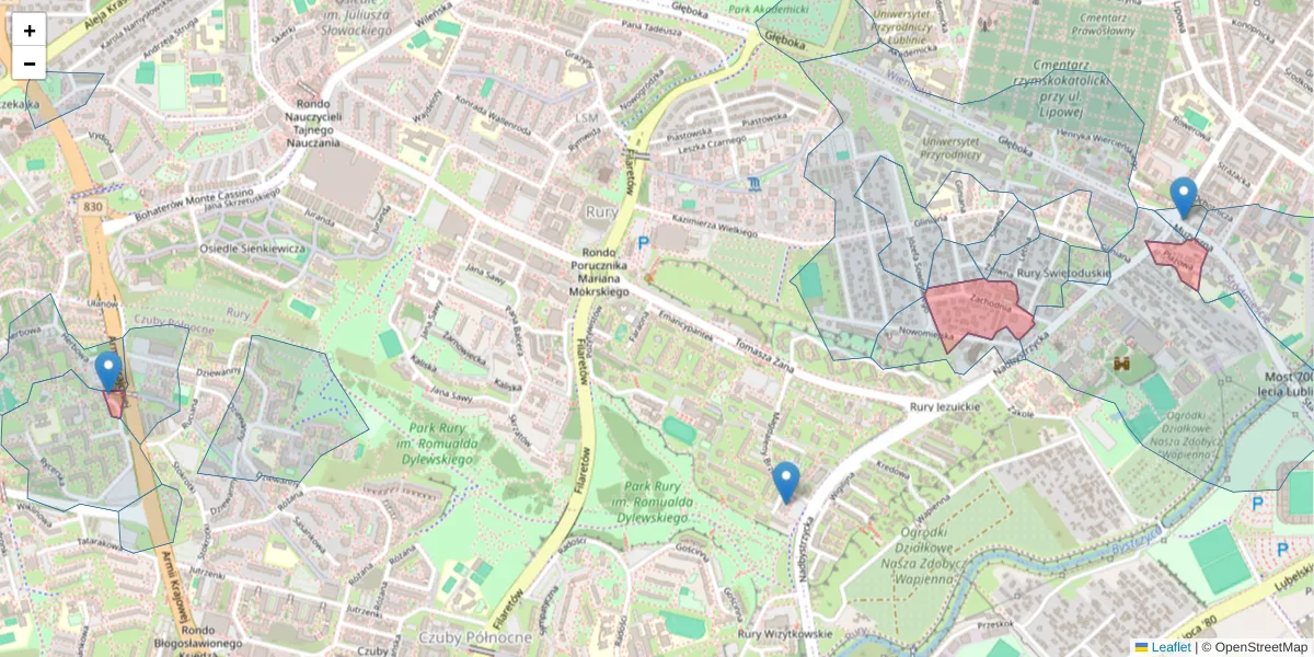 Szczegółowa mapa kodu pocztowego 20-620 z granicami, sąsiednimi kodami pocztowymi i urzędami pocztowymi