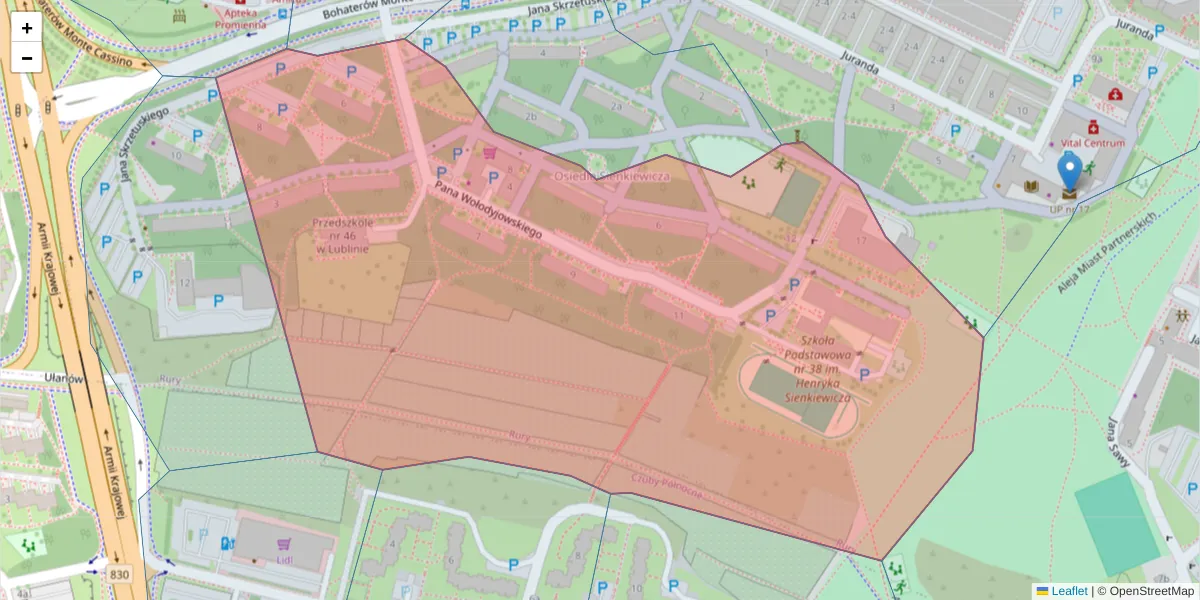 Szczegółowa mapa kodu pocztowego 20-627 z granicami, sąsiednimi kodami pocztowymi i urzędami pocztowymi