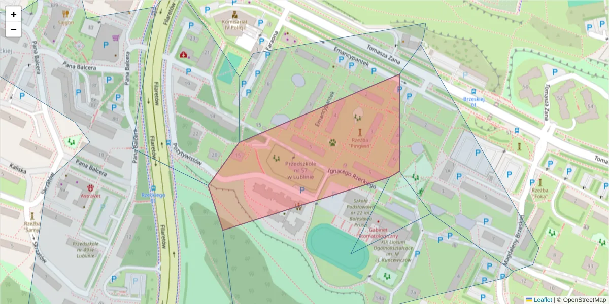 Szczegółowa mapa kodu pocztowego 20-636 z granicami, sąsiednimi kodami pocztowymi i urzędami pocztowymi