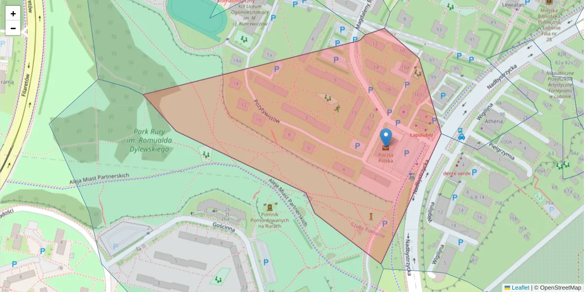 Szczegółowa mapa kodu pocztowego 20-639 z granicami, sąsiednimi kodami pocztowymi i urzędami pocztowymi