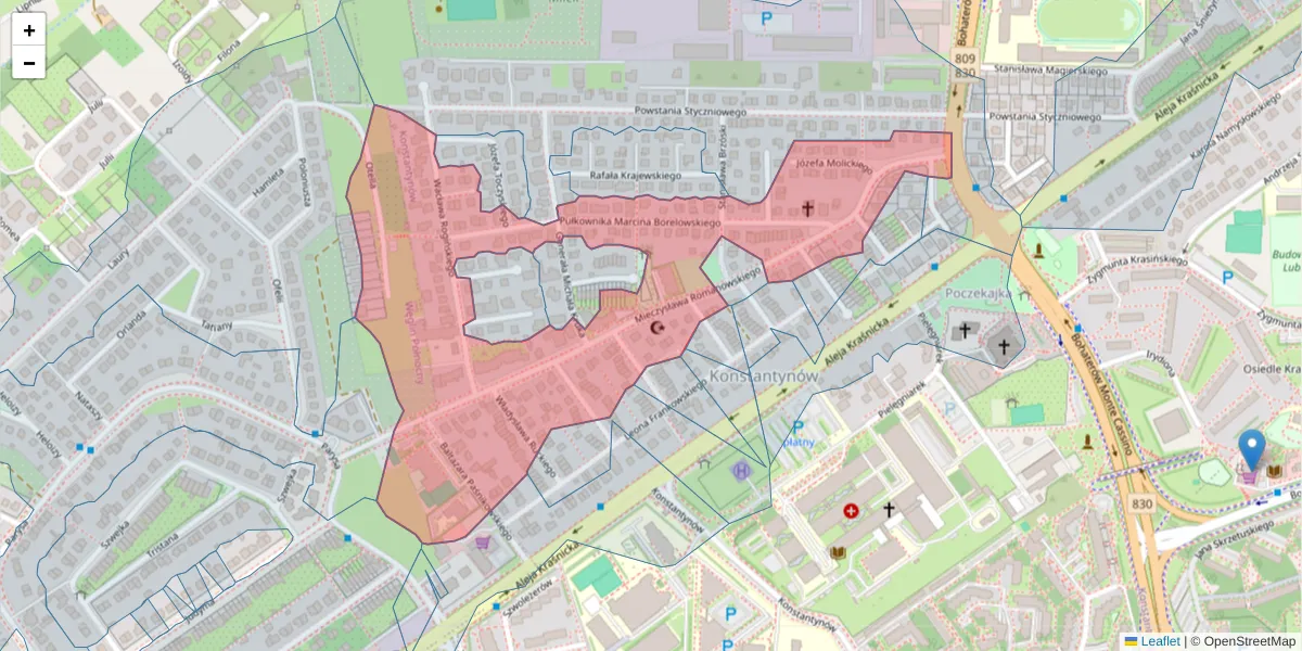 Szczegółowa mapa kodu pocztowego 20-707 z granicami, sąsiednimi kodami pocztowymi i urzędami pocztowymi