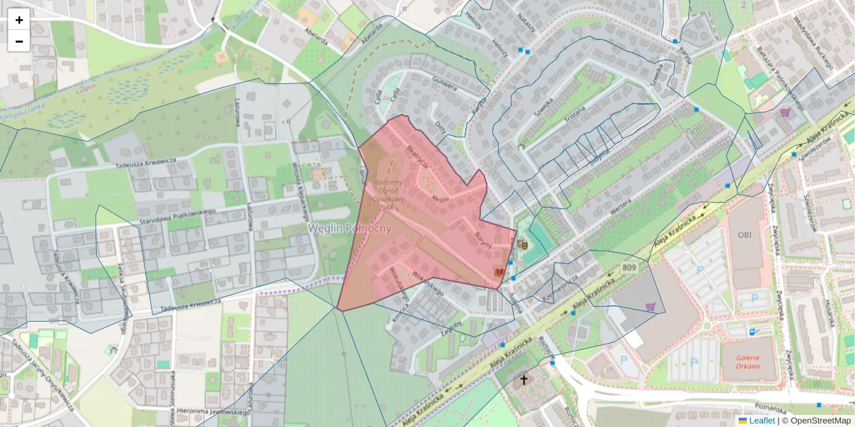 Szczegółowa mapa kodu pocztowego 20-715 z granicami, sąsiednimi kodami pocztowymi i urzędami pocztowymi