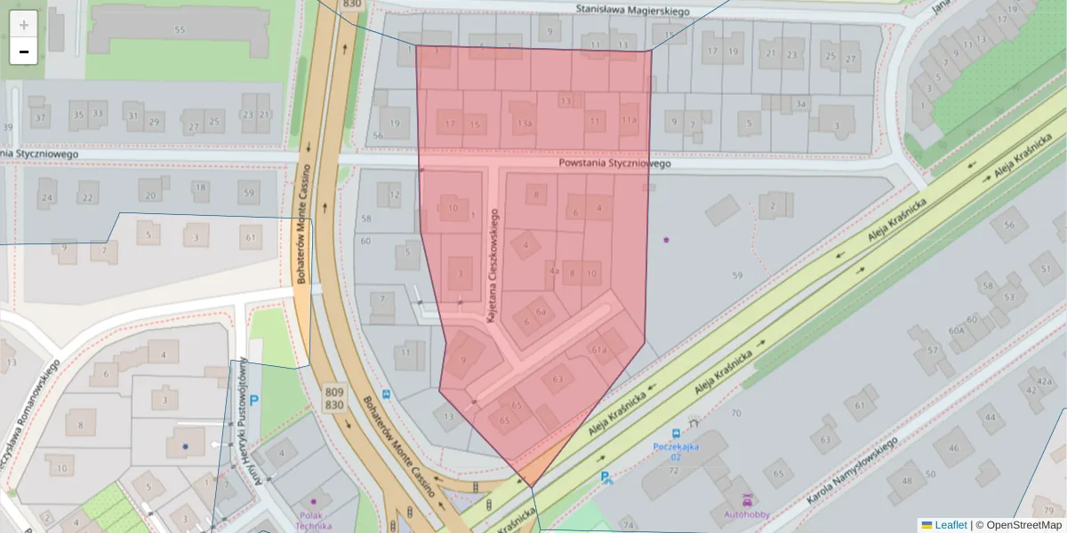 Szczegółowa mapa kodu pocztowego 20-733 z granicami, sąsiednimi kodami pocztowymi i urzędami pocztowymi